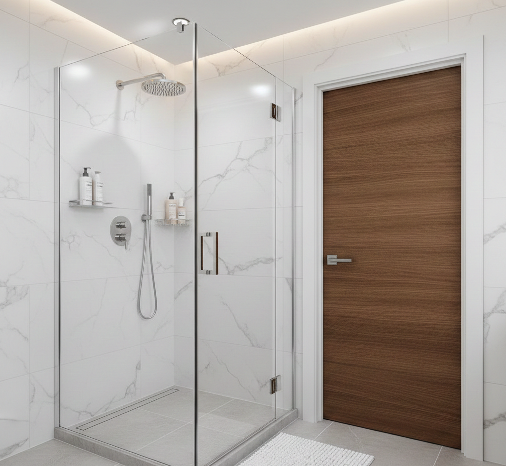 Eckdusche mit fixem Seitenteil neben der Tür